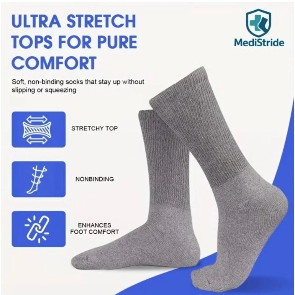 Medistride Non-binding Diabetic Circulatory Crew Socks 13-15 Gray Edema 3‎ Pairs